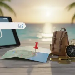 Tablet z wyszukiwarką, mapa, plecak, kompas i monety na tle plaży.