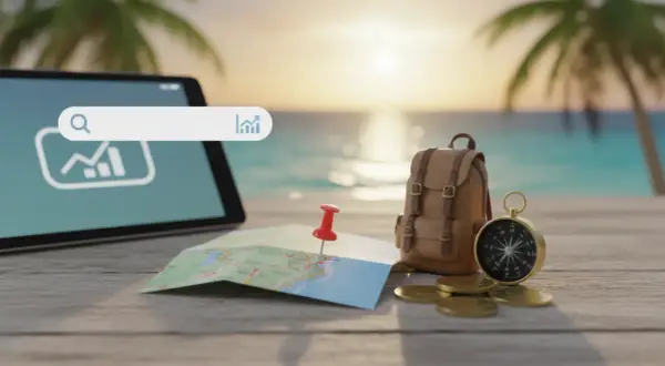 Tablet z wyszukiwarką, mapa, plecak, kompas i monety na tle plaży.